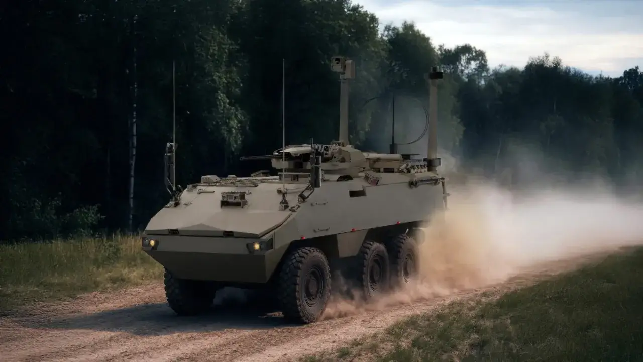 Ein gepanzertes Fahrzeug, der mögliche Fennek Nachfolger, fährt auf einem Feldweg durch eine staubige Wolke, umgeben von dunklem Wald.