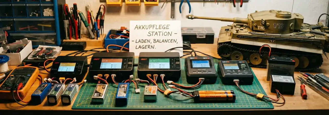 Akkupflegestation mit Ladeger&auml;ten, Batterien und einem Modellpanzer. Hier wird alles f&uuml;r die richtige nimh akku lagern vorbereitet.