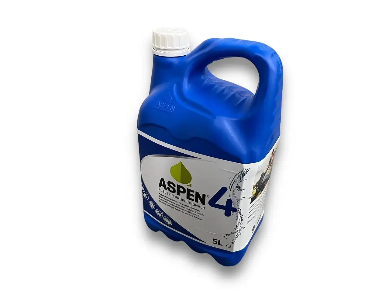 Blauer Kanister mit Aspen 4 Alkylatbenzin, 5 Liter. Ideal für den Umstieg von Benzin auf Aspen für professionelle Anwendungen.