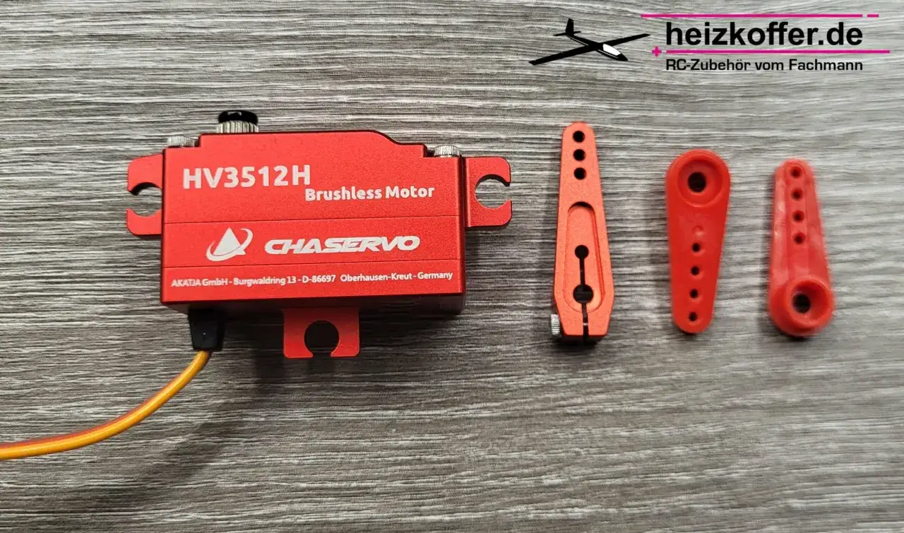 Roter Brushless-Servo HV3512H von CHASERVO, ideal für Modellbau. Gute d power servos erfahrungen sind hier zu erwarten. Zubehörteile liegen bei.