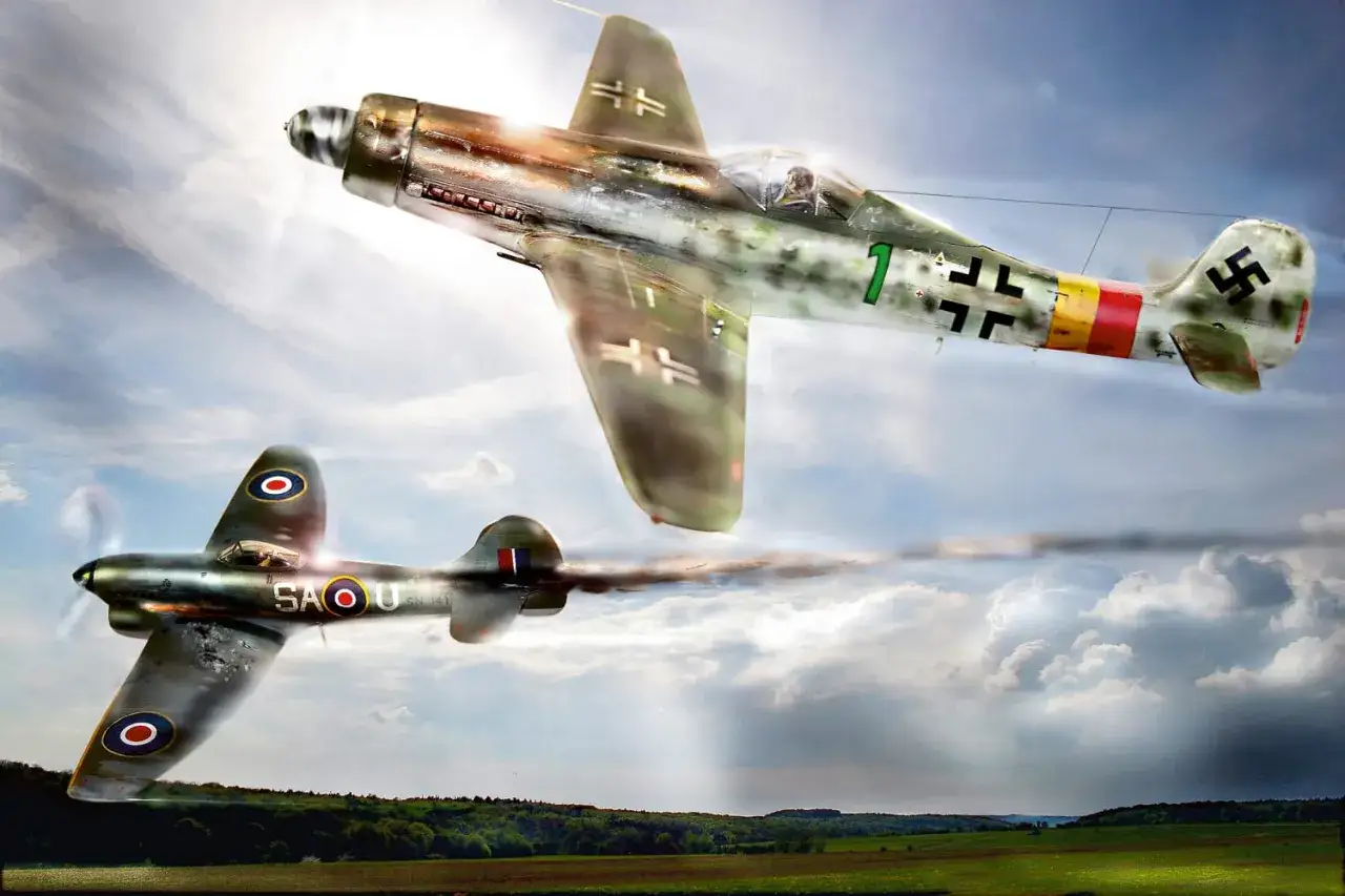 Luftkampf: Focke-Wulf Ta 152 jagt eine Spitfire. Die Ta 152 mit Hakenkreuz und die Spitfire mit britischen Kokarden im Himmel über grünen Feldern.