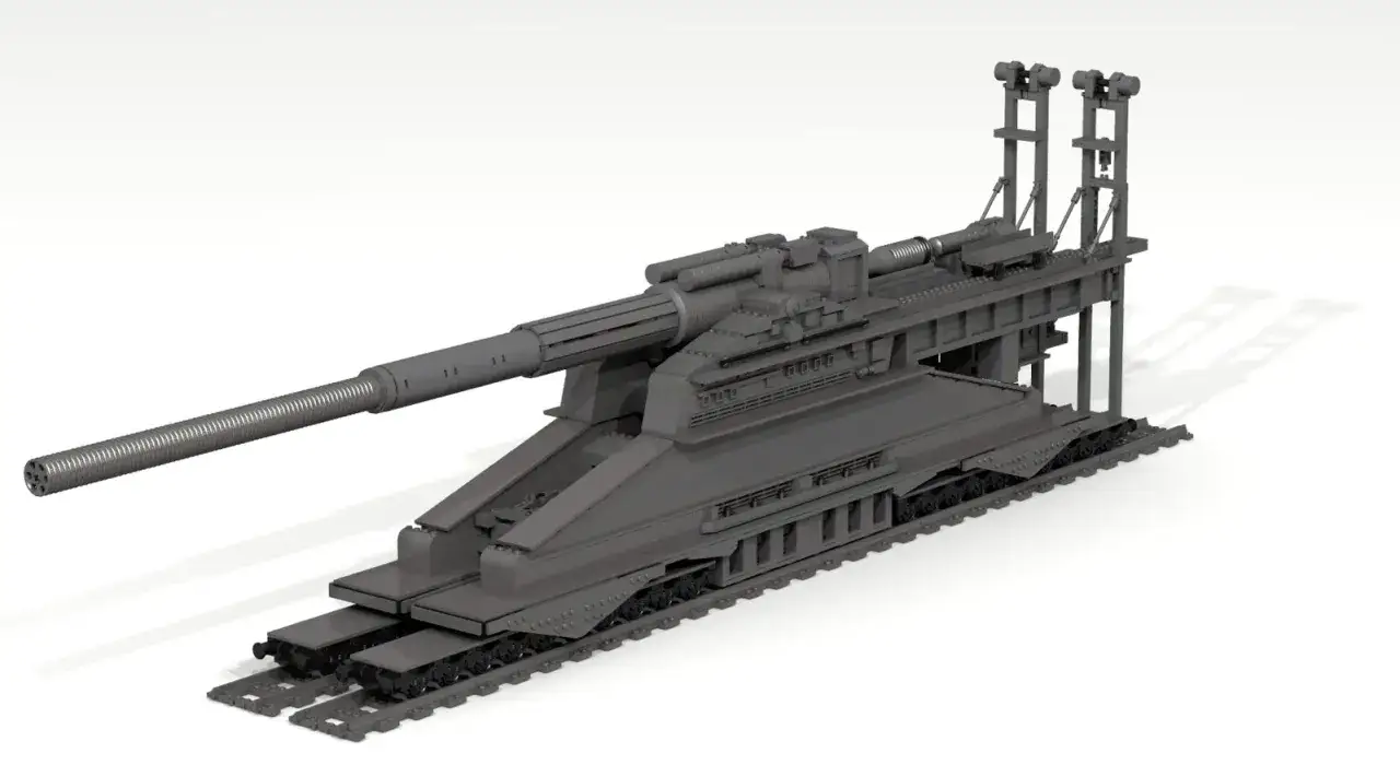 Modell der eiserner gustav kanone, einer riesigen Eisenbahnhaubitze, auf Schienen stehend.