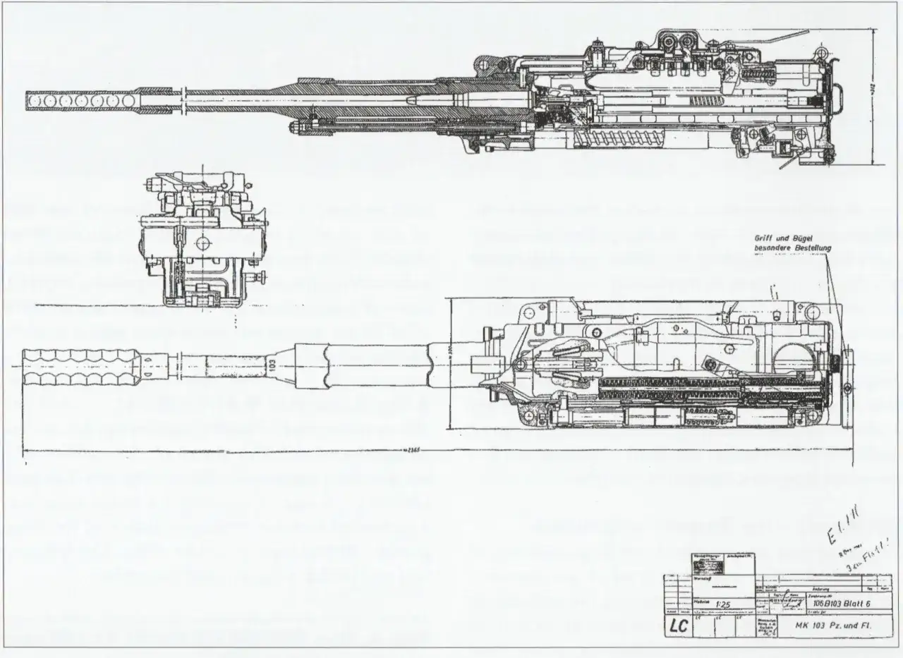 Technische Zeichnung der MK 103 Kanone, mit detaillierten Schnitten und Ansichten. Die MK 103 ist hier in ihren mechanischen Komponenten dargestellt.