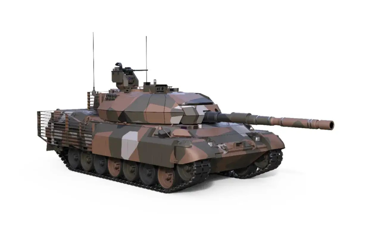 Ein moderner Kampfpanzer in Tarnmuster, bereit für den Einsatz in Griechenland.