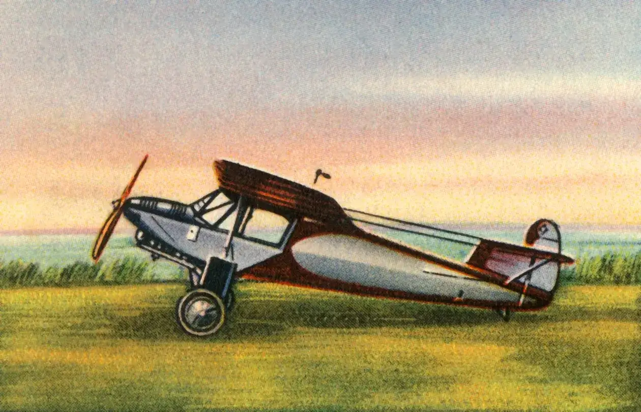 Ein einmotoriges Flugzeug mit Propeller steht auf einer grünen Wiese. Der Himmel ist in Pastelltönen gehalten. Dieses Flugzeug ist Teil des