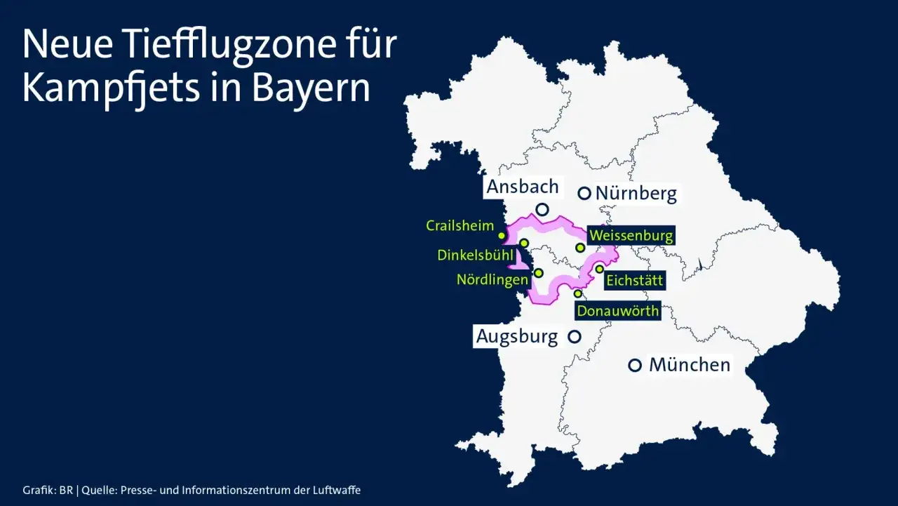 Karte zeigt neue Tiefflugzone für Kampfjets der Bundeswehr in Bayern. Markierte Städte: Ansbach, Nürnberg, Weissenburg, Eichstätt, Donauwörth, Augsburg, München.