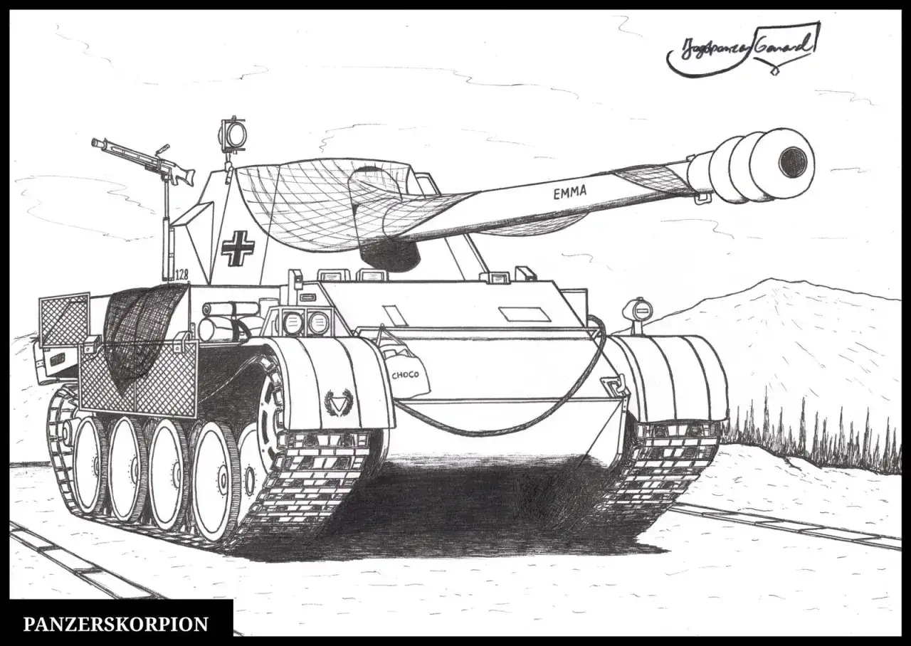 Zeichnung eines Panzer-Skorpions mit dem Namen