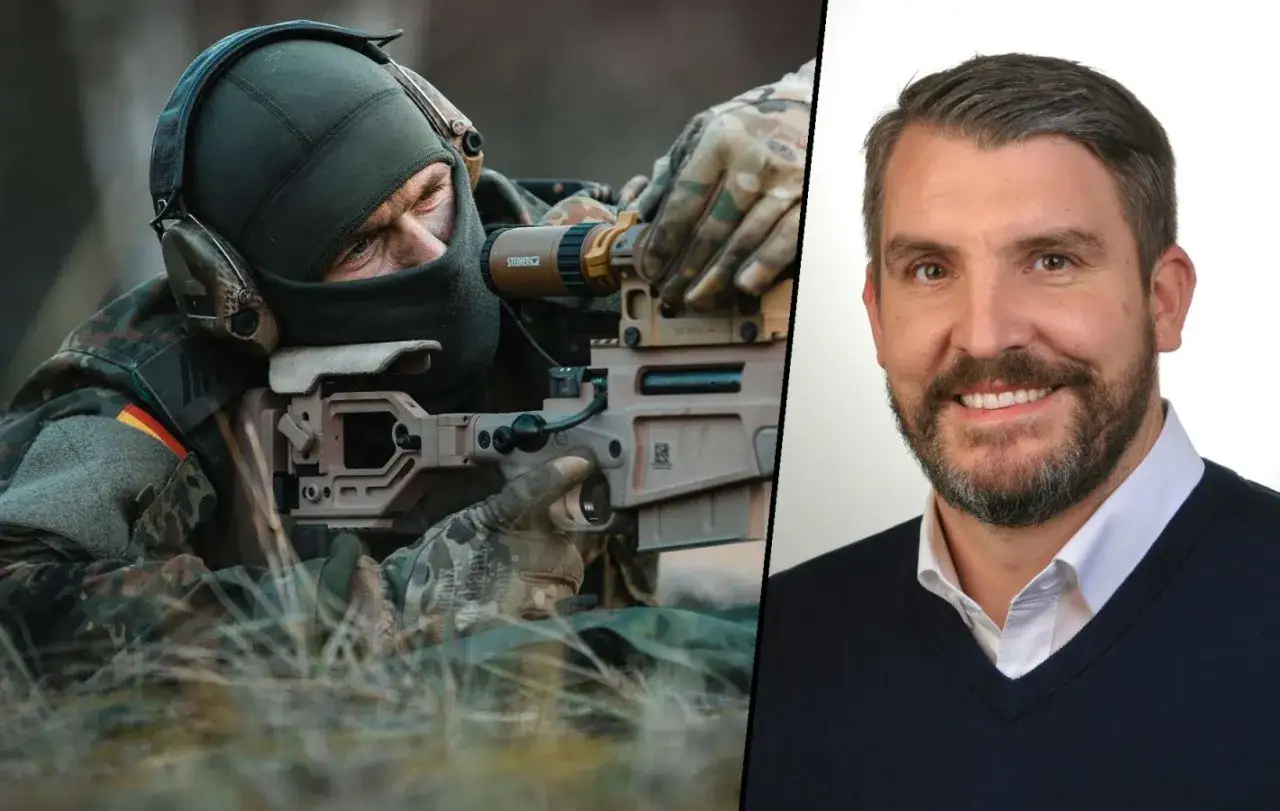 Soldat der Bundeswehr mit Zielfernrohr, bereit für die Entfernungsermittlung. Daneben ein Mann im Anzug.