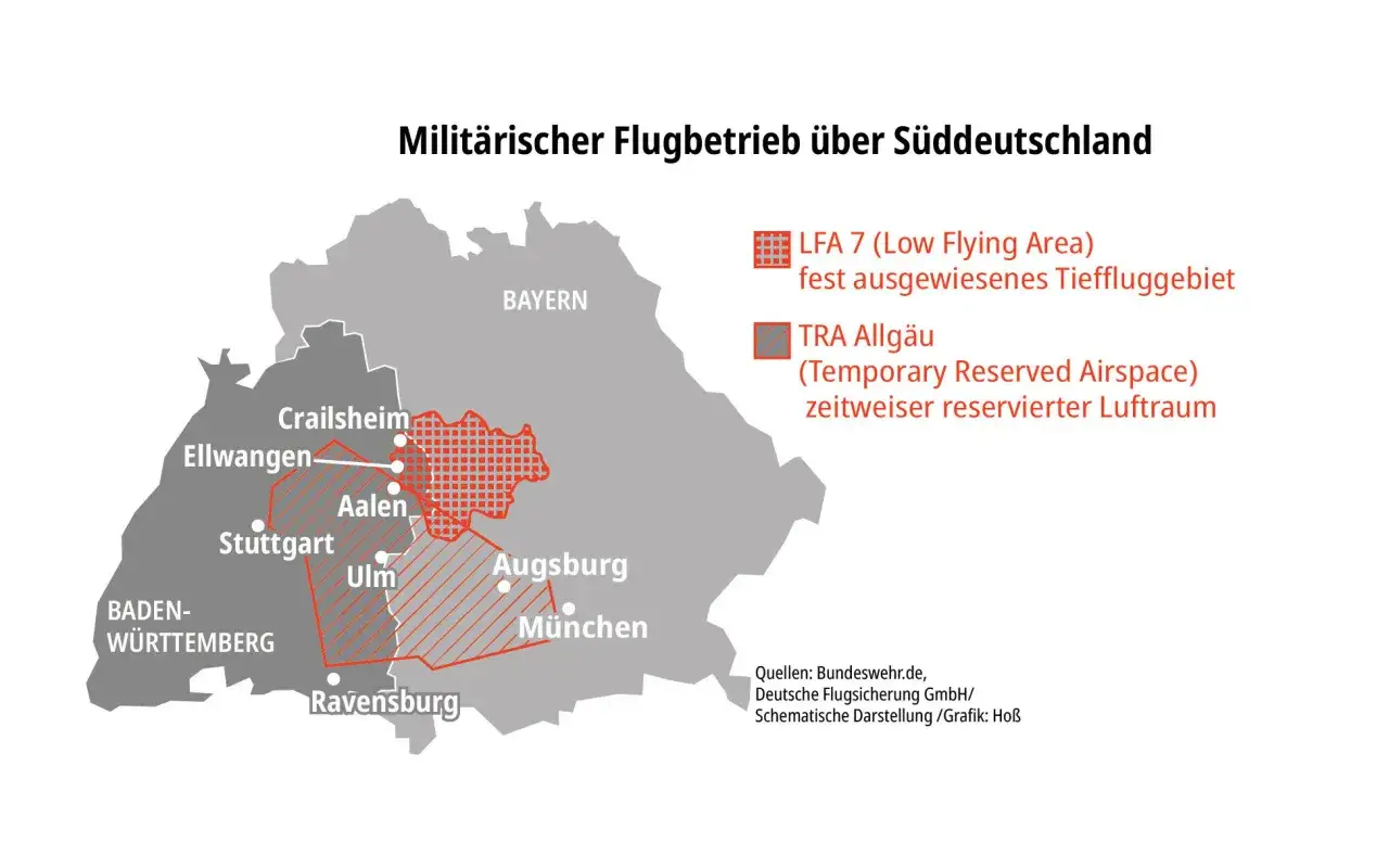 Karte zeigt militärische Fluggebiete in Süddeutschland, darunter LFA 7, ein fest ausgewiesenes Tieffluggebiet, und TRA Allgäu.