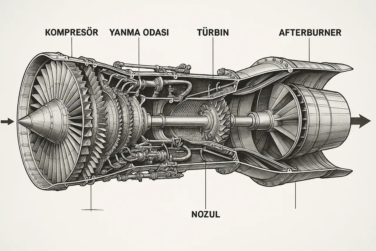 Schnittzeichnung eines Strahltriebwerks mit Kompressor, Brennkammer, Turbine und dem Afterburner für zusätzlichen Schub.