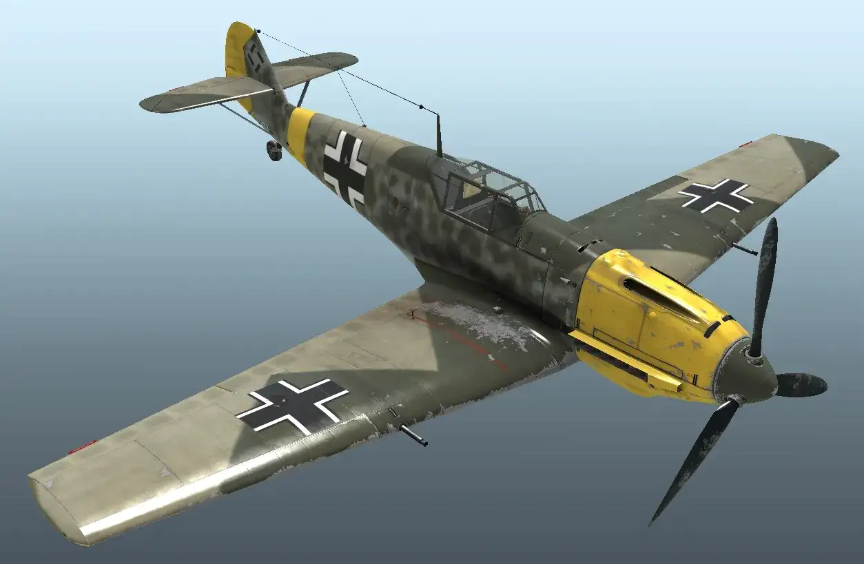 Messerschmitt Bf 109 im Flug, bereit für hohe Geschwindigkeit. Das Flugzeug hat eine gelbe Nase und schwarze Balkenkreuze.