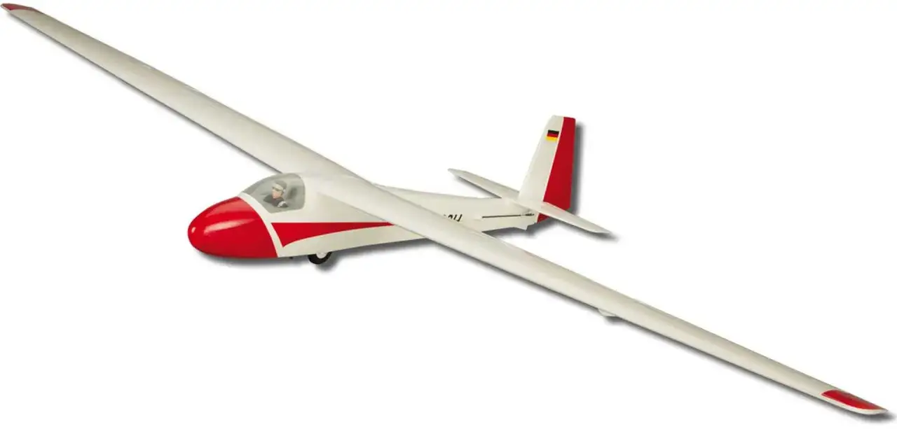 Ein weißes Modellflugzeug, ein parkzone ka-8, mit roter Nase und roten Streifen.