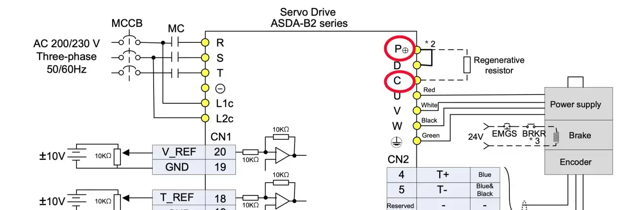 Schaltplan zeigt Servo Drive ASDA-B2 mit Anschlüssen für Stromversorgung, Motorbremse und Regenerationswiderstand. Der Elektromotor wird über die Klemmen P, D, C gesteuert.