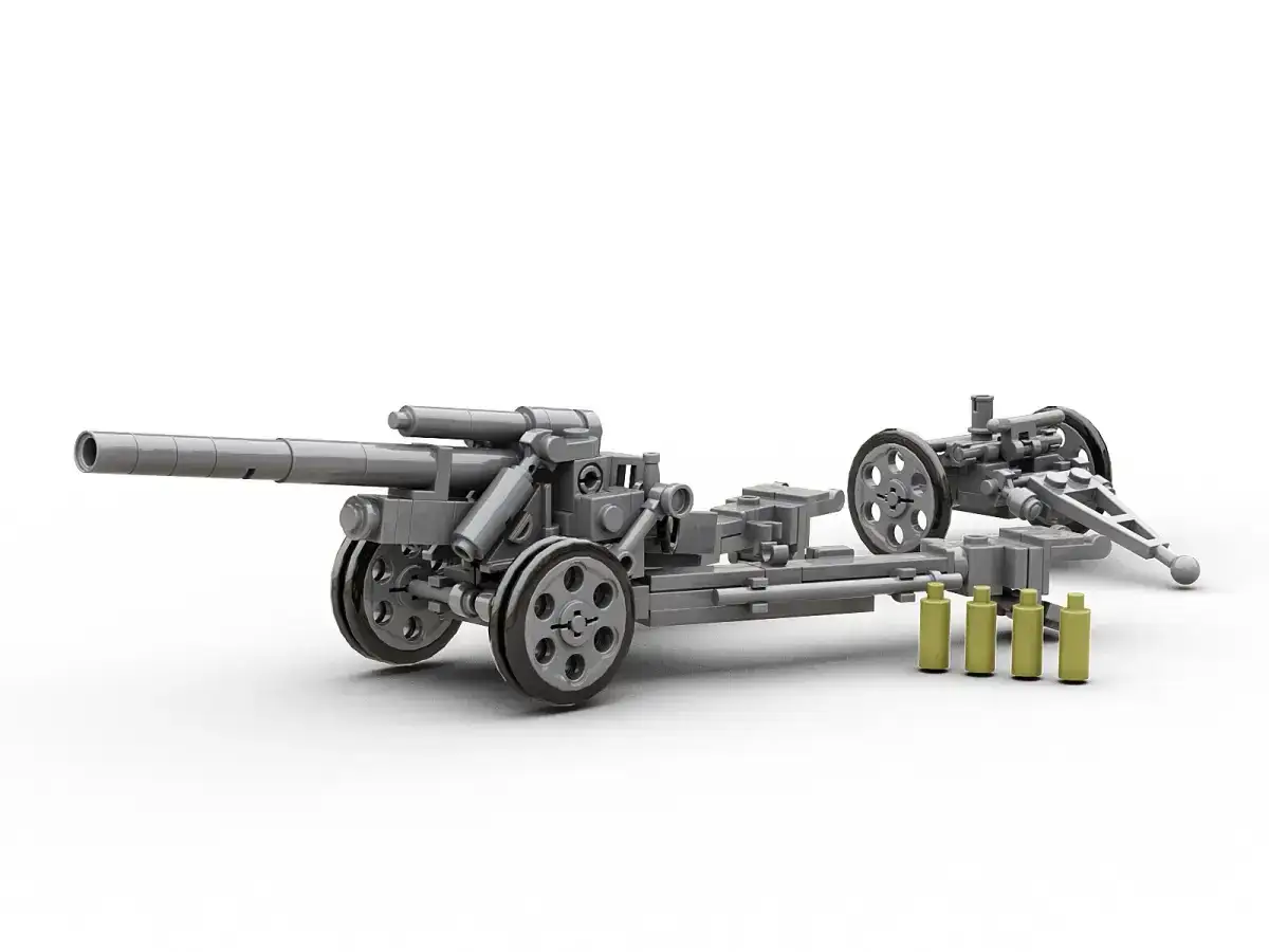 Graue Lego-Haubitze der Wehrmacht mit vier gelben Munitionszylindern.