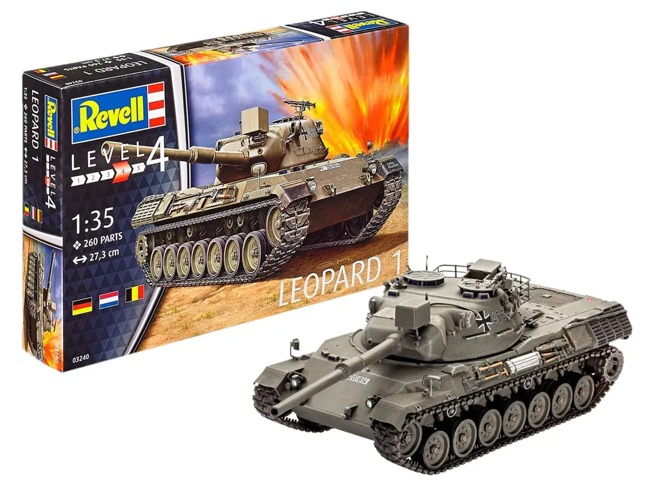 Modellbausatz des Leopard 1 Panzers von Revell. Der Bausatz zeigt den Kampfpanzer in Aktion, mit detaillierter Darstellung des Modells und der Verpackung.